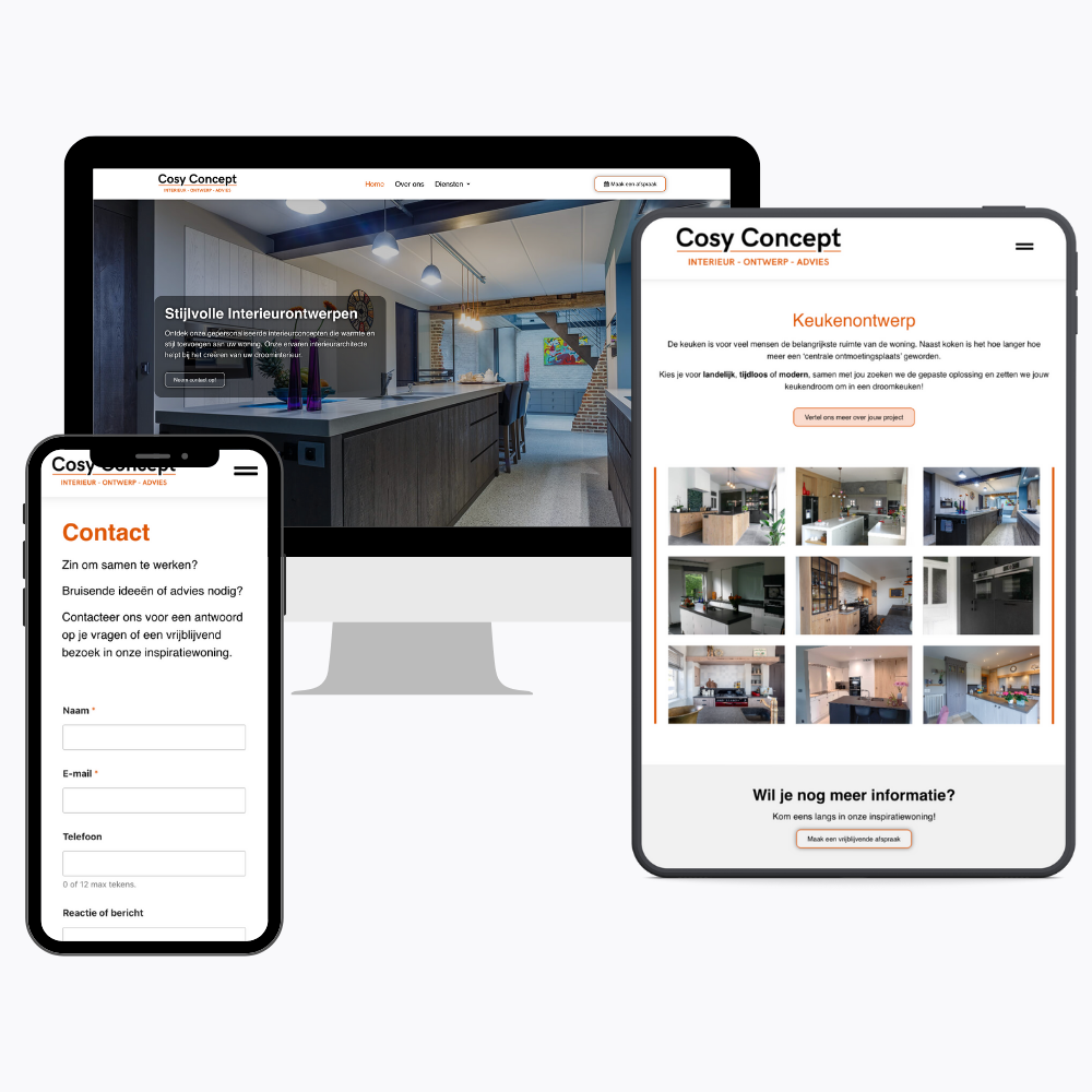Gerealiseerde website weergegeven in desktop-, tablet- en mobiele weergave